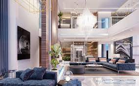 Large window in hallway of modern villa overlooking the private pool. Artstation Modern Villa Interior Design Dubai Kareem Azzazy