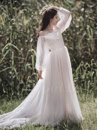 Brautkleider günstig online bei ebay entdecken. Hippie Boho Brautkleid Carmen Ausschnitt Langarm Spitze Tull Fliessend Mit Armel Schleppe