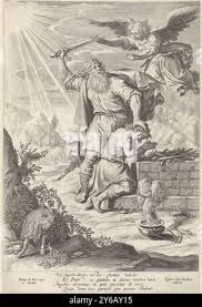Abraham has his sword to kill his son Isaac, who kneels with the hands for  the altar. An angel stops him and points to a ram that can be sacrificed. A