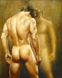 Pintura Al Óleo Pintada A Mano sobre Lienzo,Gay Desnudo Masculino Retrato  Joven En El Baño,