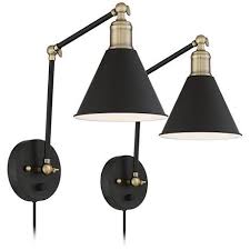 Black And Brass Wall Sconce Plug In Wray Black And Antique Brass Plug In Wall Lamp Set Of 2 9j684 Lamps Plus Plug In Wall Lamp Wall Lamp Swing Arm Wall Lamps