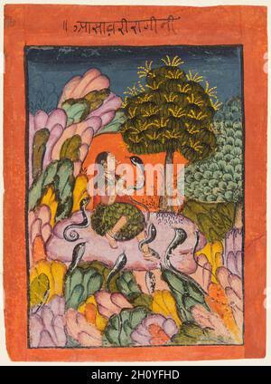 Rajasthani miniature painting from Rajasthan, India. Probably late 19th century or early 20th century. Upper class people sitting in a garden pergola enjoying entertainers one who appears to be throwing something into