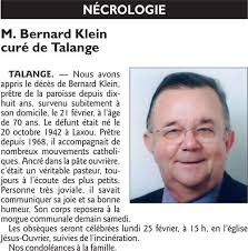 Décès de Bernard Klein, Curé de la paroisse