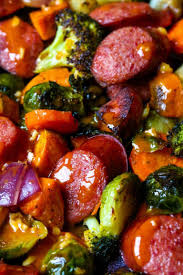 Healthy Sheet Pan Sausage Veggies With Smoked Paprika Vinaigrette Recipe Smoked Sausage Recipes Sausage Dishes Recipes