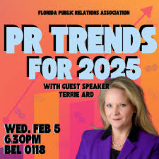 Calling all future PR pros! 📢📢📢 Join us for tomorrow's meeting with Terri  Ard, President & COO of @mooreagency , as she shares career advice and key  trends shaping the communications industry.