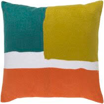 The throw pillow cover features an abstract geometric design embroidered in blue, orange, brown, and beige tones. Modern Orange Throw Pillows Allmodern