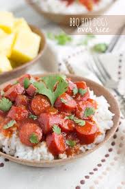 A Simple Under 30 Minute Meal With Hot Dogs In A Homemade Sweet Bbq Sauce Served Over White Rice Hot Dog Recipes Hot Meals Recipes