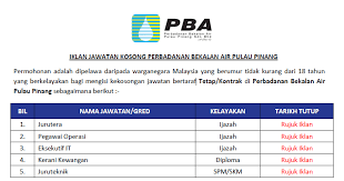 Jawatan Kosong Perbadanan Bekalan Air Pulau Pinang Jawatan Kosong Kerajaan 2020 Terkini
