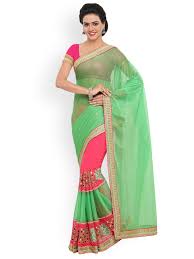 Buy Lenora Green & Pink Poly Georgette Embroidered Saree