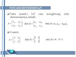 Determinan matriks berordo 2x2 determinan dari matriks berordo 2x2 adalah sebagai berikut. Matriks Daftar Slide Pengantar Jenisjenis Matriks Operasi Matriks