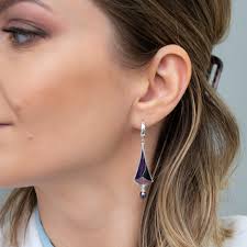 Cloisonne Enamel Sterling Silver Earrings: Violet Peacock Pearl Dangle