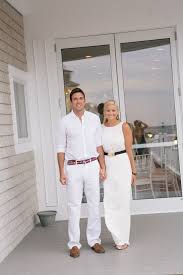 Bride And Groom Both Wear Casual White For The Rehearsal Dinner Rehearsal Dinner Outfits Rehearsal Dinners Rehearsal Dinner Dresses