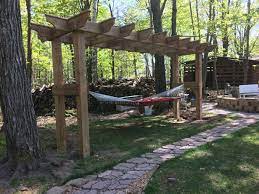Diy Pergola Hammock Stand Built Out Of Cedar Tone Treated Lumbar Legs Are 6 6 And Uppers Are Double 2 8 S For Strength Backyard Hammock Diy Pergola Backyard