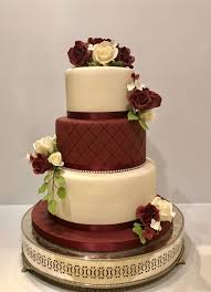 Maroon Quilted Middle Tier With Sugar Roses Wedding Cakes Maroon Romantic Wedding Cake Wedding Cake Pinterest
