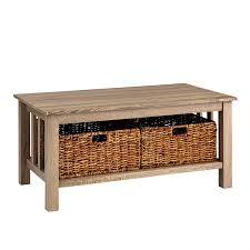 Homfa vintage round end side table with storage basket industrial coffee table night stand wood look accent furniture with meta. 40 Wood Storage Coffee Table In Driftwood With Wicker Baskets C40mstag