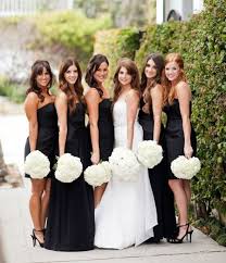 Mismatched Black Bridesmaid Dresses With White Hydrangea Bouquets Black And W Black White Wedding Black Bridesmaid Dresses Black Bridesmaid Dress Mismatched