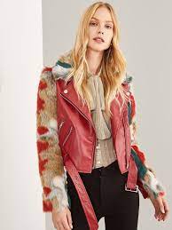 Zip Front Belted Soft Faux Fur Contrast Jacket Leather Jackets Women Fur Leather Jacket Fashion