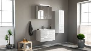 Behind the door, which you can mount to the right or left, there is a shelf. Bathroom Set Toscana 80 3 Pieces In White High Gloss Vanity Units With Single Wash Basins Bathroom Furniture Emotion 24 Co Uk