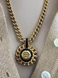 Authentic Chanel Button Repurposed On A Vintage Gold Tone And Black Enamel Necklace Enamel Necklaces Black Enamel Necklace