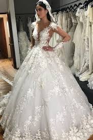 White Lace Applique Wedding Dresses Boho Elegant V Neck Long Sleeve Elegant 3d Flowers Wedding Gowns Bridal Dress Vestido De Novia In 2020 Ball Gowns Wedding Arabic Wedding Dresses Cheap Wedding Dress