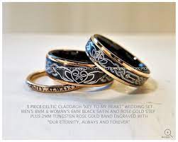 3 Piece Celtic Claddagh Wedding Set Satin Black Tungsten Etsy In 2021 Black Tungsten Rings Celtic Claddagh Wedding Sets