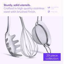 During the course of our research, we found some large utensil sets (29 pieces or more) made of solid stainless steel at this price point. Stainless Steel Kitchen Utensil Set 29 Cooking Utensils Set Spatula Garlic Press Cheese Knife Whisk Tongs Pizza Cutter Grater Strainer Can Opener And More Nonstick Cookware Set Buy Online