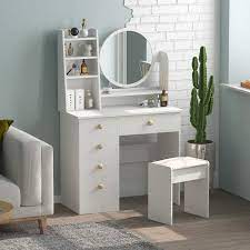 Check spelling or type a new query. Latitude Run Vanity Set With Round Mirror Makeup Vanity Dressing Table With 5 Drawers Shelves Dresser Desk And Cushioned Stool Set Wayfair