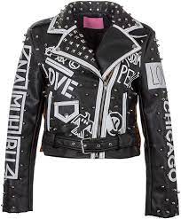 Glam And Gloria Women S Leopard Animal Print Faux Leather Studded Graffiti Look Punk Biker Moto Jacket With P Denim Jacket Women Custom Leather Jackets Jackets