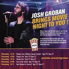 Tickets on sale today, secure your seats now, international tickets 2021 Josh Groban On Twitter Josh Groban Movie Nights Start Tomorrow Join Josh For A One Time Only Screening Of Your Favorite Concert Films And A Simultaneous Q A Afterwards The Full Live Concert Audio For