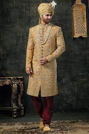 Mens Wedding Sherwani In Yellow Banarasi Silk Brocade Fabric Groom Dress Men Wedding Kurta For Men Sherwani For Men Wedding