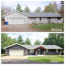 Reno On A Budget Before And After Photo Of A Home Exterior Transformed With Stacked Stone Panels Ranch House Exterior Ranch House Remodel Ranch Style Homes