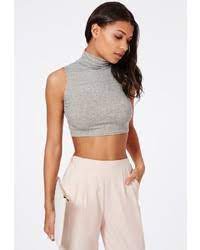 A ribbed crop top with notch neck detail. Missguided High Neck Ribbed Jersey Sleeveless Crop Top Grey 16 Missguided Lookastic