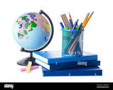Globe, books and stationery on white background Stock Photo - Alamy