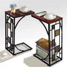 Round end tables, living room sofa side table metal. Easyfashion C Shaped Wood And Metal End Table With Geometric Pattern Set Of 2 Brown Black Walmart Com Walmart Com