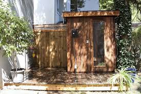 So, your steam room bench top should be sloped at ¼ per foot toward your drain. Cedar Sauna Deck Outdoor Shower Hot Tub Outdoor Outdoor Sauna Backyard Buildings