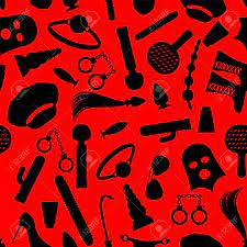 BDSM Background. Fetish Icons Seamless Pattern. Ornament For Lovers Of Hard  Sex. Accessories Sadist Masochist Love. Knut And Gag. Leather Whip And Cap.  Dildo And Mask. Handcuffs And Anal Tube. Sextoys Texture.