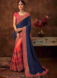 They are the only colors that cannot be made by mixing two other colors. Intriguing Navy Blue And Pink Half N Half Designer Saree