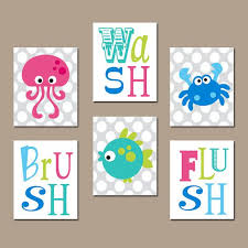 Ocean Bathroom Wall Art Canvas Or Prints Nautical Child Bathroom Octopus Crab Fish Under The Sea Animals Polka Ocean Bathroom Kid Bathroom Decor Bathroom Kids