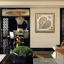 Elephant wood carving thai style crafts handmade engraved pattern home decor. Oriental Canvas Painting Gold Silver Bodhi Leaf Artwork Royal Thai Art