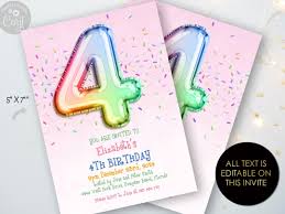 4th Rainbow Birthday Invitation Editable Template Rainbow Balloon Invite  for Her 4 Year Old Invite Party Celebration Digital Download
