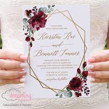 Burgundy Lisima Gold Geometric Wedding Invitations 274 Dreaminginpaper Geometric Wedding Invitation Wedding Invitation Sets Fun Wedding Invitations