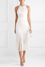 White Fringed Bandage Halterneck Midi Dress Herve Leger Dresses White Fringe Dress Bandage Dress Herve Leger