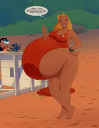 beach belly big belly big breasts blonde hair breasts cleavage  dark-skinned female dark skin dialogue disney ergos female hand on hip huge  belly lifeguard lifeguard (lilo and stitch) lilo