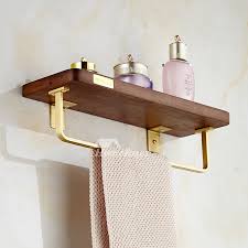 Luxury Walnut Wooden Bathroom Shelf With Towel Bar Unique Brushed Brass Decorative Shower Wall Shelves