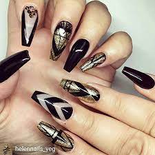 As long as in the manicure random embellishment, can let a person in front of a bright.the coffin gold nail design looks great, especially with long nails. Coffin Matte Black And Gold Acrylic Nails Matte