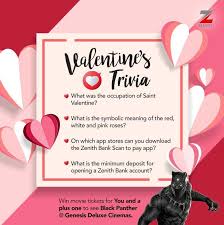 Nov 25, 2017 · halloween is a traditional holiday celebrated all over the world on 31 st october each year. Zenith Bank Plc Happy Valentine S Day Be One Of The First 2 People To Answer These Valentinetrivia Questions Correctly At Once And Win 2 Tickets Each To Watch Black Panther At