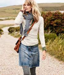 Cute Cool Weather Skirt Look Denim Skirt Checked Scarf Cream And Olive Green Layers Grey Cable Tights C Grey Tights Fashion Denim Skirt Outfit Winter