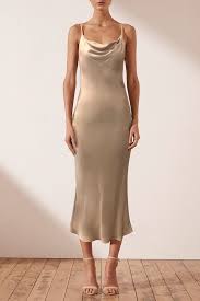 Mia Bias Cowl Midi Dress Gold Dresses Shona Joy Shona Joy International Fitted Midi Dress Draped Midi Dresses Drawstring Maxi Dress