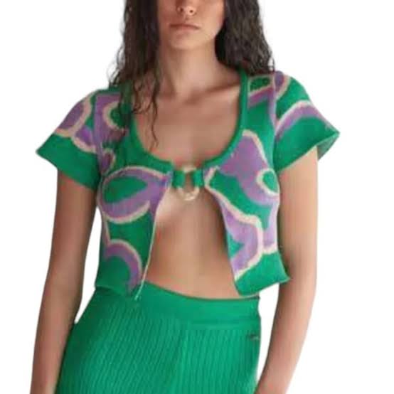 RARE MANDINGA Picnic Cropped Green & Purple Sweater Knit Top - XS