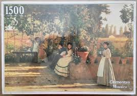 Lega rappresenta varie donne sotto a un pergolato coperto di vite. 1500 Clementoni The Arbour Silvestro Lega Rare Puzzles